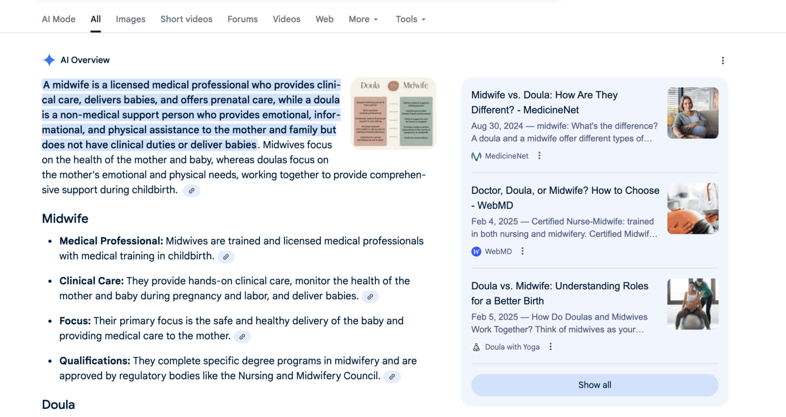 Screenshot of AI overviews or AI answer box for the question "What is the difference between a Midwife and a Doula"